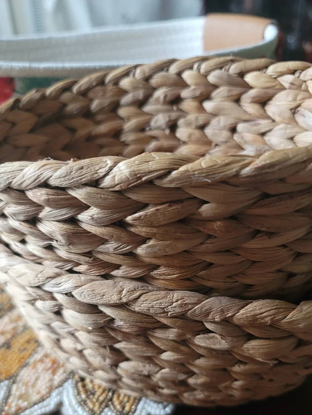 Set Of 3 Baskets. 2 Straw Woven & 1 Rope Basket Covered With Strawberries.